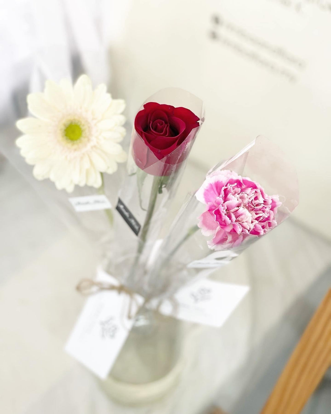Single Stalk Bouquet To You (Daisy Roses Carnation Transparent Wrap Design)