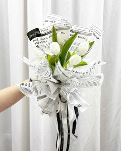 Prestige Bouquet To You (Tulip White Series-5 Stalks White News Style Wrap Design)