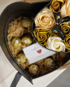 Valentines Everlasting Soap Flowers LOVE Box (Gold Champagne Ferraro Rocher Giftbox)