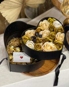 Valentines Everlasting Soap Flowers LOVE Box (Gold Champagne Ferraro Rocher Giftbox)
