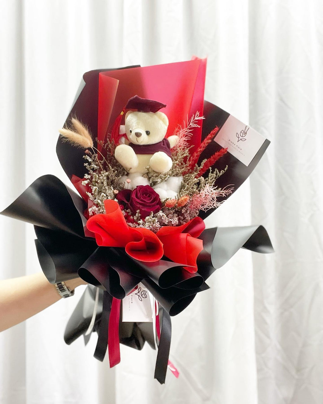 Prestige Bouquet To You ( Red Roses, Cotton Flower, Dried Flower Series & Graduation Bear